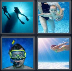 4 Pics 1 Word Answer 6 letters for scuba divers under water with sun, baby underwater learning to swim, man wearing snorkling goggles, woman swimming in sun rays underwater