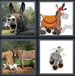4 Pics 1 Word Answer 6 letters for animal making bray noise, cartoon horse with large teeth, farm with hay and animals, stuffed animal toy