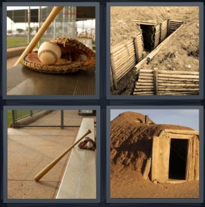 4 Pics 1 Word Answer 6 letters for baseball glove with ball and bat, mud tunnel with fortified walls, baseball bench with bat, mud hut