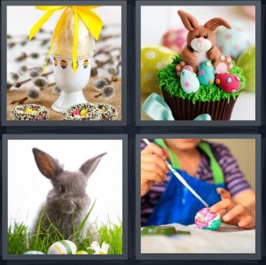 4 Pics 1 Word Answer 6 letters for egg with yellow ribbon, cupcake with rabbit frosting, bunny rabbit with eggs, woman painting egg for holiday