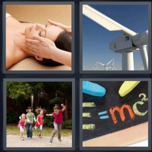 4 Pics 1 Word Answer 6 letters for woman receiving facial massage, wind turbine generator, children jumping around outside, Einstein theory of relativity