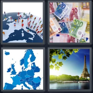 4 Pics 1 Word Answer 6 letters for world with figures of people standing, Euro money bills, blue map of multiple countries, Paris Eiffel Tower