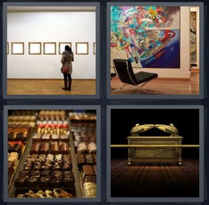 4 Pics 1 Word Answer 7 letters for woman at museum looking at blank frames, painting art with chair, chocolate in display case at store, treasure box gold eagles
