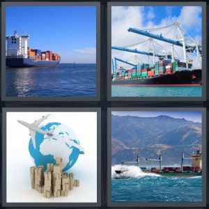 4 Pics 1 Word Answer 6 letters for cargo on ship in still water, freighter carrying large metal containers, shipping packages around the world, boat carrying boxes with wave