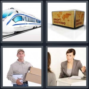 4 Pics 1 Word Answer 7 letters for fast train, drop shipping box with map, delivery man with box package, business women having conversation