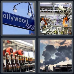 4 Pics 1 Word Answer 7 letters for Hollywood Boulevard sign, car assembly plant Detroit, beer bottles being made, smoke exhaust from manufacturing
