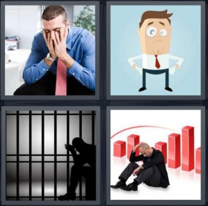 4 Pics 1 Word Answer 7 letters for upset man sitting with head in hands, cartoon of broke man, man in prison behind bars, man with declining stocks