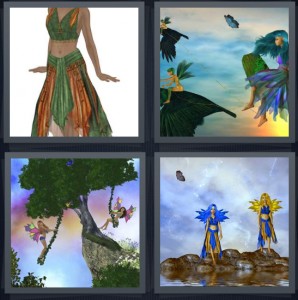 4 Pics 1 Word Answer 7 letters for dancer in flowy green and orange skirt, nymphs with blue hair and wings, fantasy women in tree with nice sky, imaginary women in blue and yellow