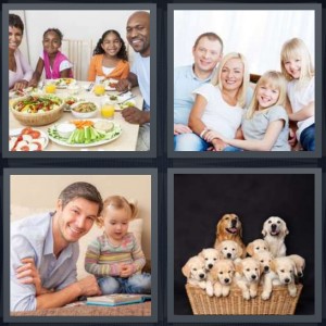 4 Pics 1 Word Answer 6 letters for dinner table together, portrait of blonds, father with daughter, puppies in basket