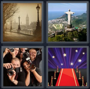 4 Pics 1 Word Answer 6 letters for photograph of old city, statue in Rio de Janeiro on hill, paparazzi taking photos of celebrities, red carpet at awards show with stars