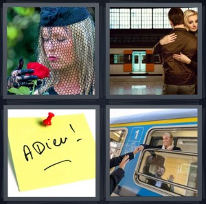 4 Pics 1 Word Answer 7 letters for woman at funeral with veil and rose, couple saying goodbye hugging, note that says adieu, couple saying goodbye on train