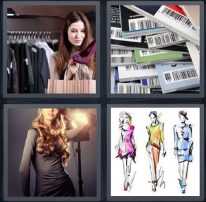 4 Pics 1 Word Answer 7 letters for woman shopping with bags in store, barcode on edge of books or magazines, model posing in light, sketch of models in new designs