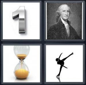 4 Pics 1 Word Answer 6 letters for silver number 1 on white background, portrait of George Washington, sand egg timer, ice skater silhouette