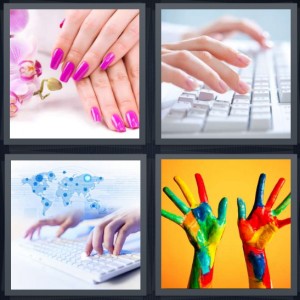 4 Pics 1 Word Answer 7 letters for woman getting nails done manicure pink polish, woman typing on keyboard, keyboard with map of world, paint on hands