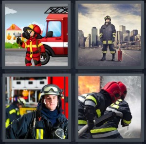4 Pics 1 Word Answer 7 letters for cartoon fire fighter with axe, city bravest civil servant, station with pole, men extinguishing fire with hose