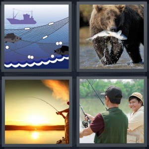 4 Pics 1 Word Answer 7 letters for net with fish trapped underwater, bear with fish in mouth, man casting rod at sunset, men casting rod in lake