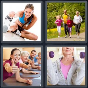 4 Pics 1 Word Answer 7 letters for woman stretching with hand on foot, family jogging on path, women doing yoga with thumbs up, old woman lifting weights