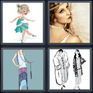 4 Pics 1 Word Answer 7 letters for cartoon of woman doing Charleston dance, vintage woman with feathers and beads, cartoon of woman with long skirt and beads, sketch of women wearing fur coats