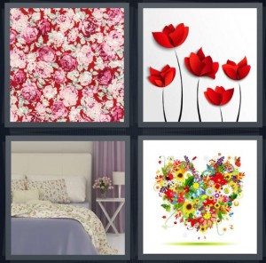 4 Pics 1 Word Answer 6 letters for pink flowers bunch, red flower buds on stems, bedroom with printed bedspread, heart made of flowers