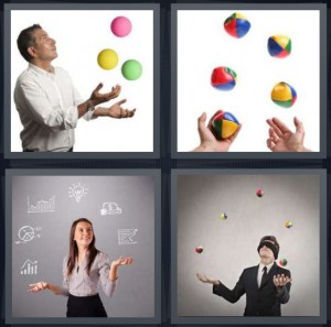 4 Pics 1 Word Answer 6 letters for man tossing pink yellow green balls, balls for trick or hackey sack, woman with several icons on gray background, blindfolded man tossing balls in circle