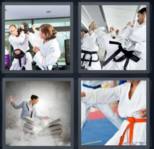 4 Pics 1 Word answers, 4 Pics 1 Word cheats, 4 Pics 1 Word 6 letters students fighting in class, kick to the face black belt, woman chopping cement blocks, orange belt white robe hit