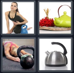 4 Pics 1 Word Answer 6 letters for woman exercising with weight, teapot with bunch of berries on stalk, woman stretching with weight, stainless steel teapot