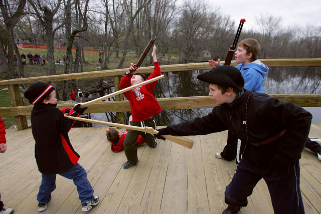 Children re-enact the battle at North Bridge in Concord, Massachusetts, part of the Battles of Lexington and Concord. (Getty)