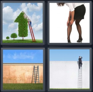 4 Pics 1 Word answers, 4 Pics 1 Word cheats, 4 Pics 1 Word 6 letters man trimming tall hedge shaped like arrow, woman with run in pantyhose, steps next to wall, man climbing wall