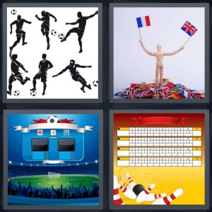4 Pics 1 Word answers, 4 Pics 1 Word cheats, 4 Pics 1 Word 6 letters soccer team black and white drawings, wooden model holding country flags and pile of country flags, soccer game scoreboard with field, bowling score with pins and ball
