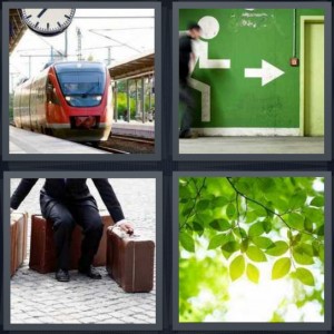 4 Pics 1 Word Answer 6 letters for train pulling into station, man running toward exit, person with suitcases going on trip or travel, tree in sunlight