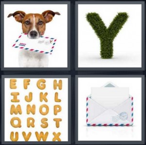 4 Pics 1 Word Answer 6 letters for dog with mail in mouth, hedge in shape of Y, alphabet, piece of paper in post envelope