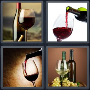 4 Pics 1 Word Answer 6 letters for bottle and glass of wine, pouring glass of wine, wine in crystal, wine with grapes