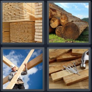 4 Pics 1 Word Answer 6 letters for wood on pallet two by fours, chopped logs in field with blue sky, carpenter building with two by fours, nails and hammer with wood