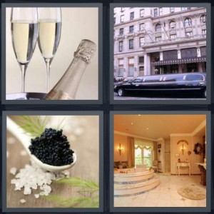 4 Pics 1 Word Answer 6 letters for champagne toast with glasses, hotel palace with limo, caviar in spoon, elegant bathroom with large tub