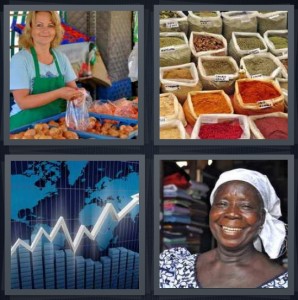 4 Pics 1 Word Answer 6 letters for woman shopping at farmer stand with onions, spices in bag at Indian bazaar, stocks rising by chart, African woman selling cloth