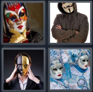 4 Pics 1 Word answers, 4 Pics 1 Word cheats, 4 Pics 1 Word 6 letters person at masquerade with Venetian face, character from Saw scary, man with gold and silver mask, Carnivale parade with blue and silver