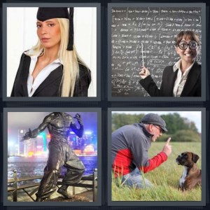 4 Pics 1 Word answers, 4 Pics 1 Word cheats, 4 Pics 1 Word 6 letters woman in graduation cap and robe, woman professor at chalkboard with baton, man doing karate on sidewalk, man teaching dog in field