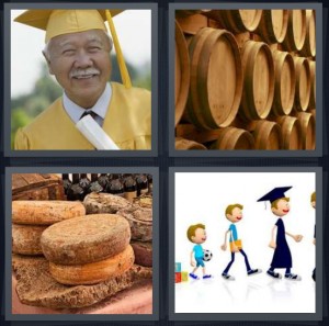 4 Pics 1 Word Answer 6 letters for elderly graduate in yellow robe, barrels of wine ripening, cheese wheels ripening, child growing up