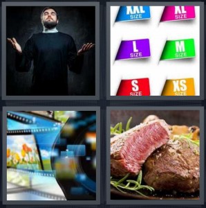 4 Pics 1 Word Answer 6 letters for psychic in black robe, tags with clothing size, film camera with film strip, steak cooked rare with rosemary