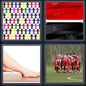 4 Pics 1 Word Answer 6 letters for drawing of people icons multicolored, club card red and black card, woman exfoliating legs, team huddle on soccer field