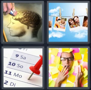 4 Pics 1 Word Answer 6 letters for brain being erased, Polaroid photographs clipped to laundry line, date in date book with pin, woman covered in post it notes