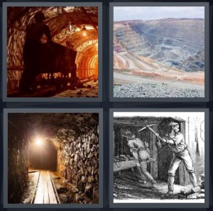 4 Pics 1 Word Answer 6 letters for man pushing cart through underground tunnel, rock quarry, shaft with light, sketch of coal digging