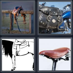 4 Pics 1 Word Answer 6 letters for pen with leather riding seat, holster for riding, sketch of horse, bike seat for bicycle
