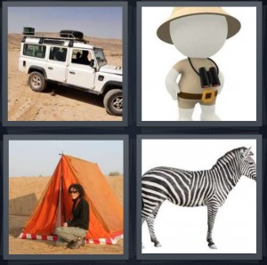 4 Pics 1 Word Answer 6 letters for white Jeep overland in desert, cartoon of explorer with binoculars, woman sitting by orange tent, zebra