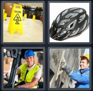 4 Pics 1 Word Answer 6 letters for caution wet floor sign, bike helmet, man wearing hardhat, construction worker with cement