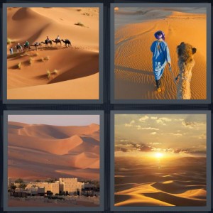 4 Pics 1 Word Answer 6 letters for people walking with animals across desert, man leading camel in desert, citadel with sand mountains, sand dunes with sunset
