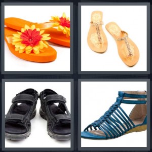 4 Pics 1 Word Answer 6 letters for orange flip flops with flower, beaded thongs, teva shoes with velcro straps, woman shoe with lace up