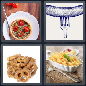 4 Pics 1 Word Answer 6 letters for quiche with tomatoes and herbs, sausage on fork, salty pretzels, pasta in dish with garland