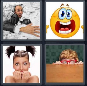 4 Pics 1 Word Answer 6 letters for man drowning in paper, terrified smiley face with mouth open, nervous woman biting nails, frightened boy crouching behind table