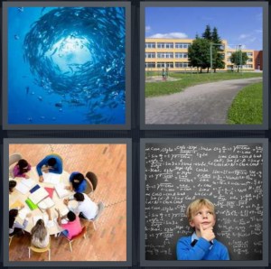 4 Pics 1 Word Answer 6 letters for fish in ocean in circle, playground outside of building, kids in classroom at table, boy doing math at chalkboard